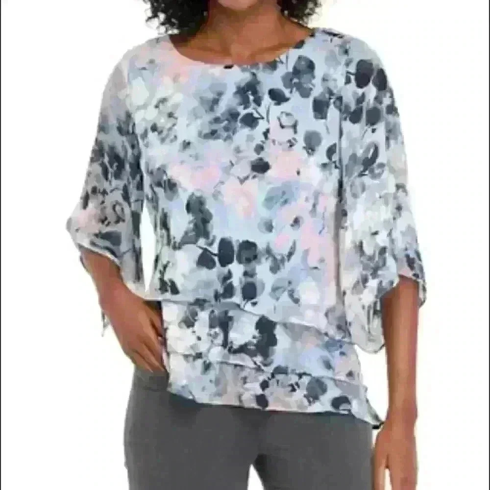 Alex Evenings Size small blue floral pattern asymmetrical layered top